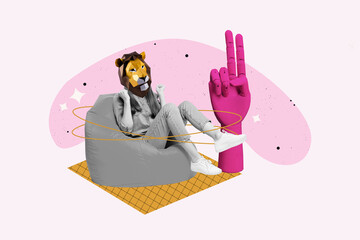 Collage of person in lion mask relaxing on beanbag with abstract elements and victory hand symbol for freelance lifestyle concept
