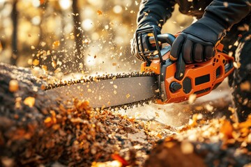 Chainsaw in action cutting wood with flying sawdust and autumn leaves, close-up style on a warm blurred forest background, concept of forestry and labor. Ai generative