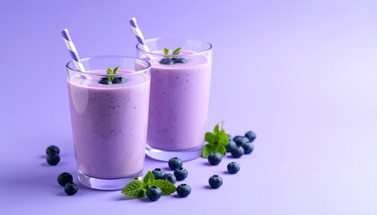 Two glasses of blueberry smoothie. Delicious drink. Tasty beverage.
