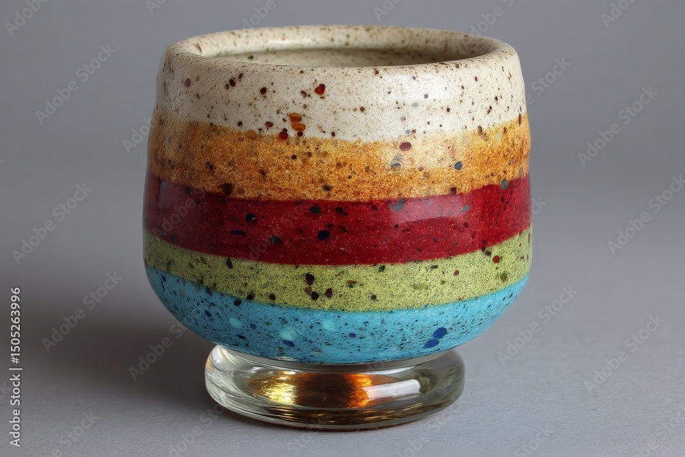 Poster colorful ceramic cup with intricate patterns and textures showcased against a neutral backdrop