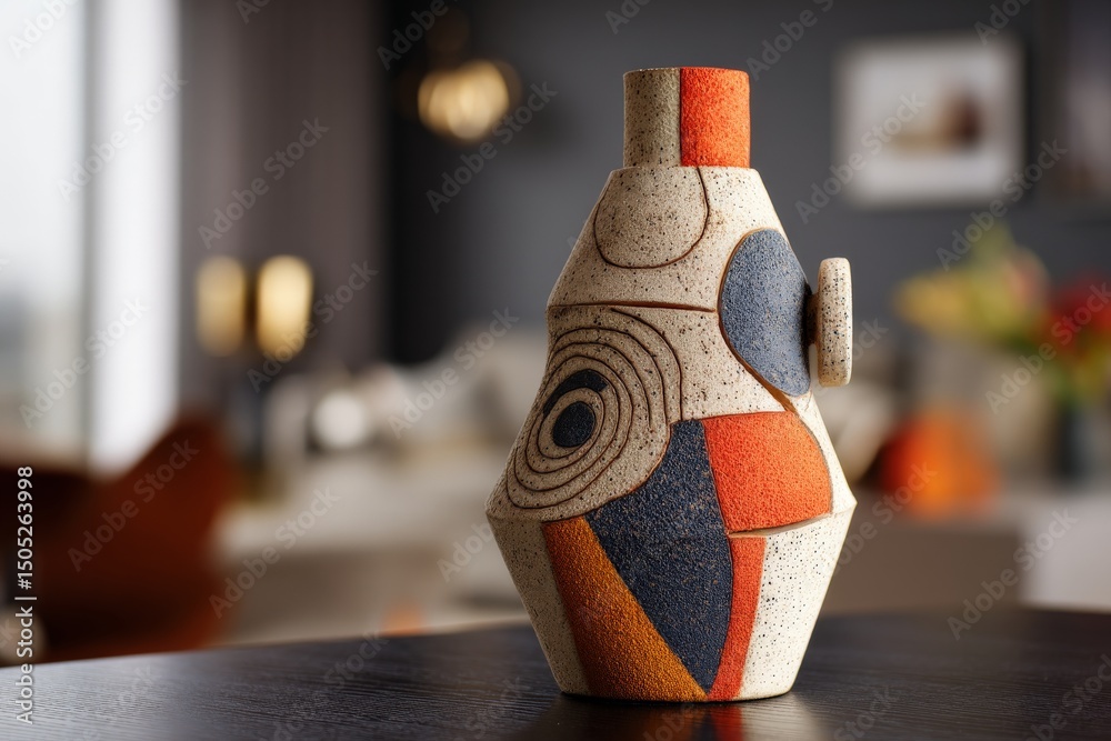 Poster decorative ceramic vase with abstract patterns displayed in a stylish living room setting
