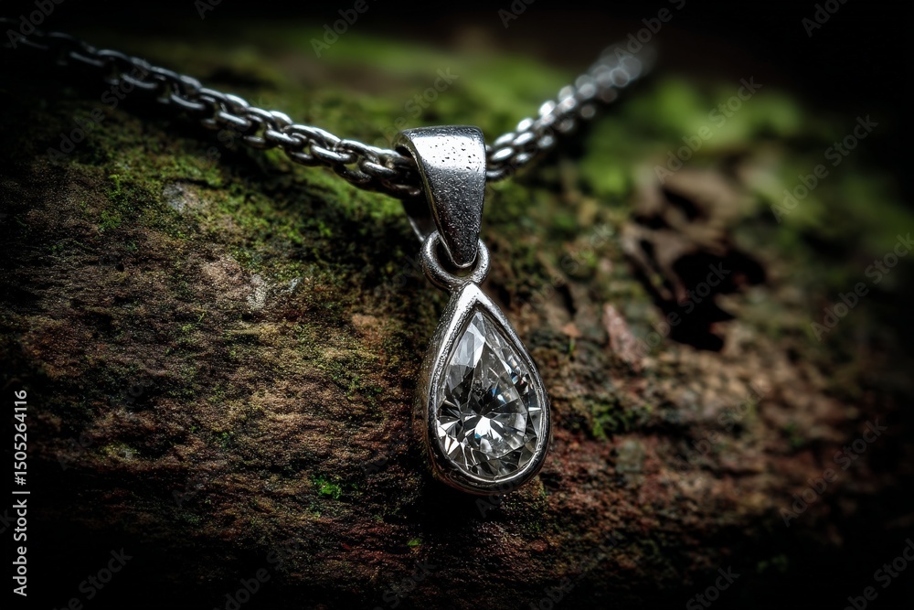 Poster sparkling teardrop pendant on a silver chain displayed on natural wood background at close range