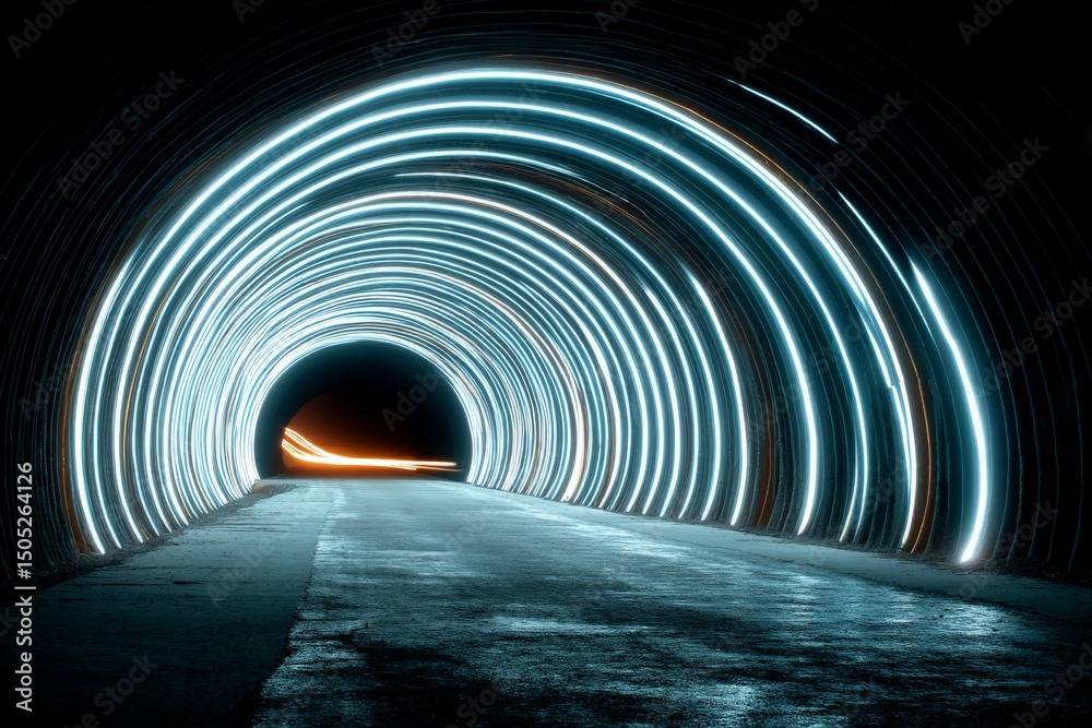Poster bright light trails create a mesmerizing tunnel effect at night on a deserted road