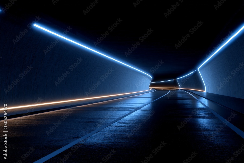 Poster illuminated tunnel with glowing walls and curved path at night showcasing modern design and ambiance