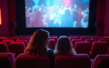Happy mother and daughter enjoying in movie projection in theater. High quality