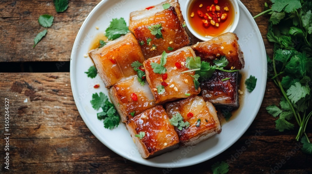 Poster a top-down view of crispy pork belly on a white plate, garnished with coriander and chili peppers, r