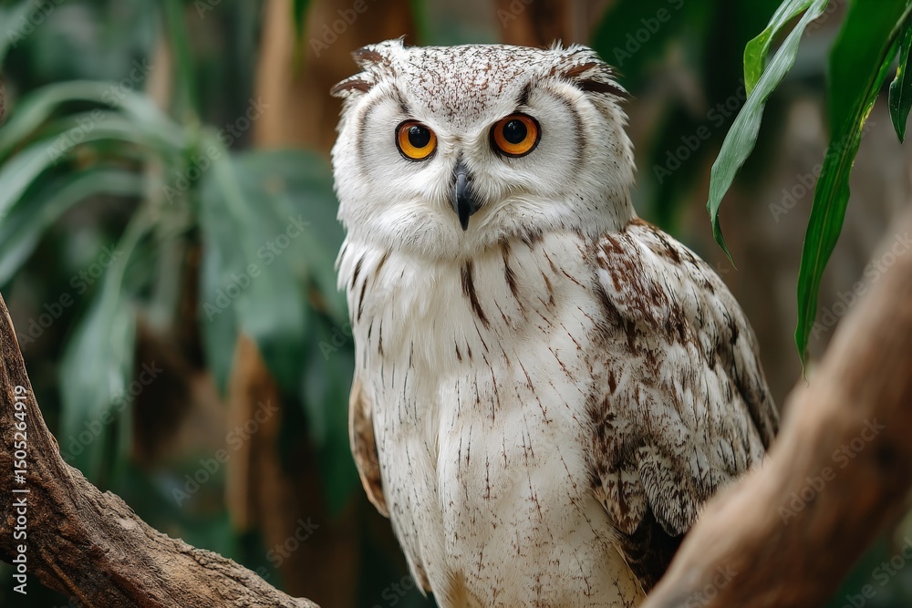 Poster owl perched on a branch amidst foliage in a serene environment during daylight