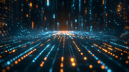 Obraz premium Futuristic digital background with glowing lines and dots in a dark setting.