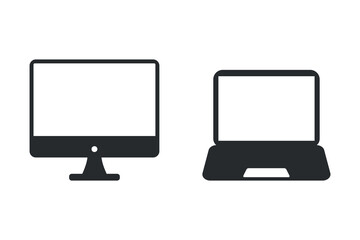 Minimal black silhouette icons of personal computer and laptop on white background. Perfect for digital, remote work, or IT-related visuals. Useful for web design and online services themes.