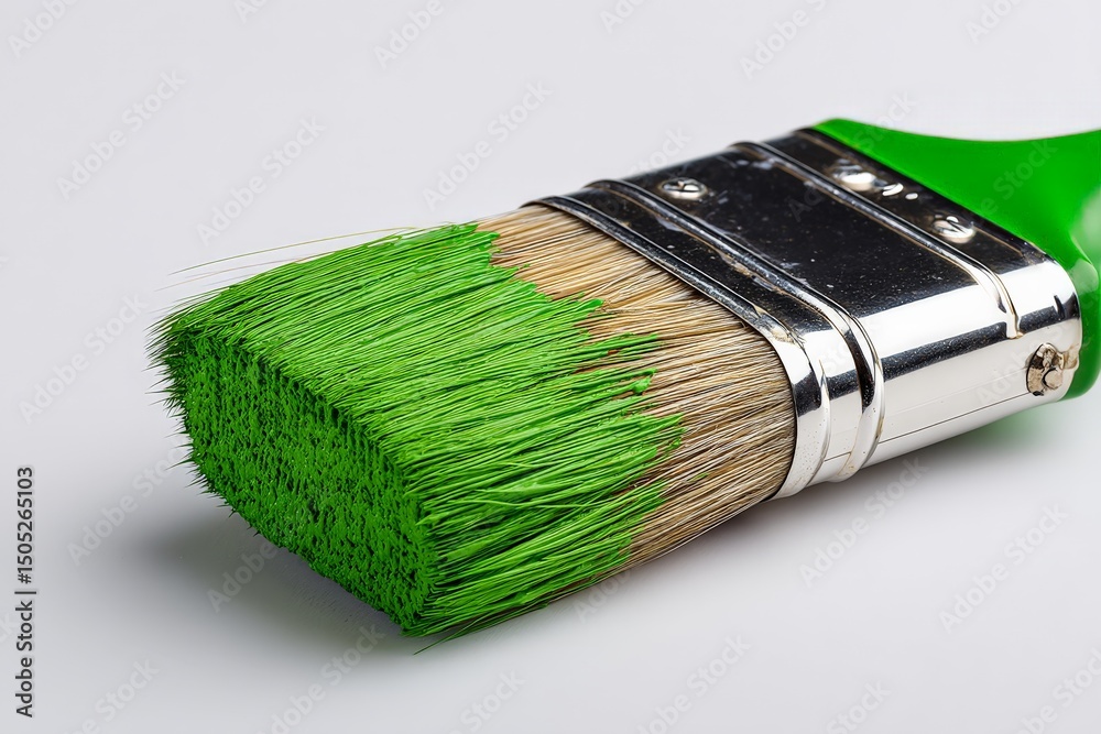 Poster bright green paintbrush resting on a clean surface after completing a vibrant painting project in a 