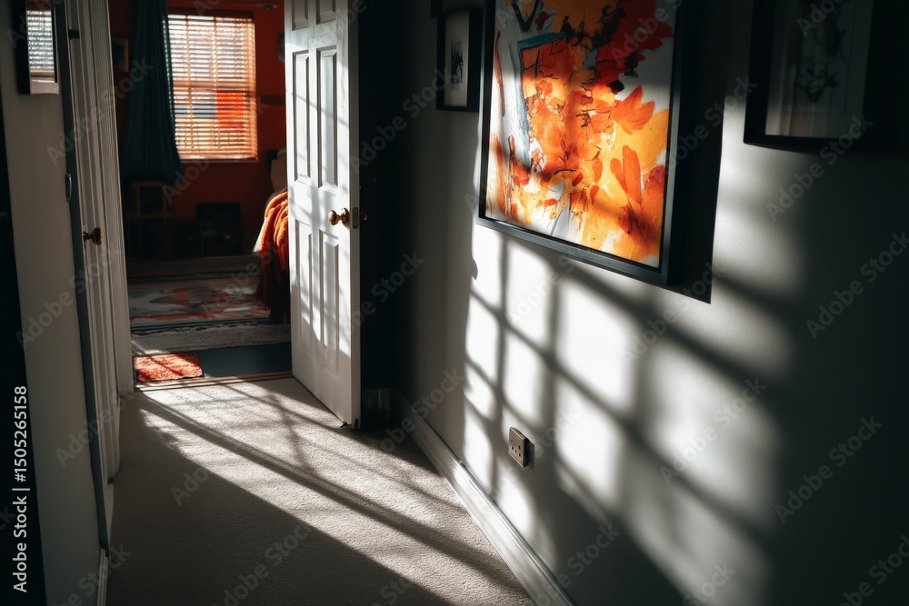 Poster light and shadows dance in a cozy hallway with artwork at sunset in a home setting