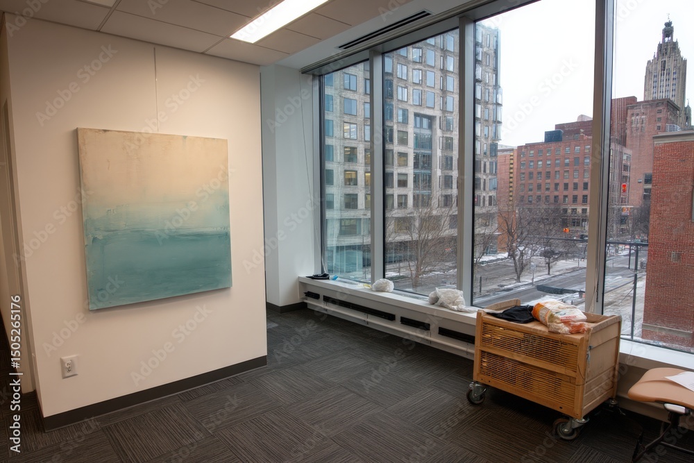 Poster modern workspace with abstract art and large windows showcasing a winter cityscape