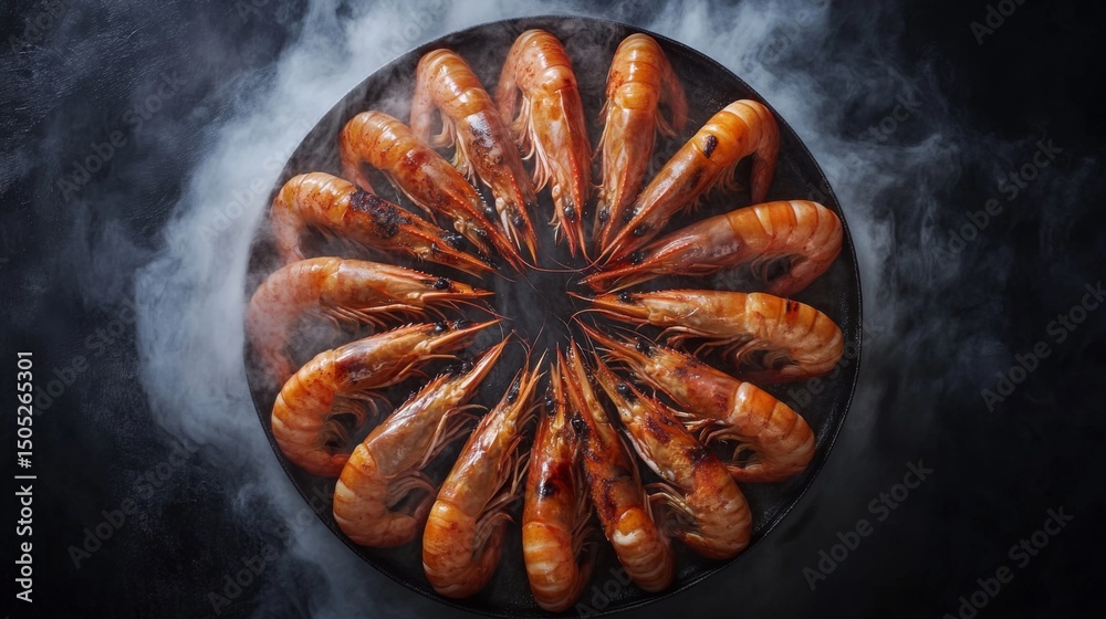 Poster a top-down view of large grilled prawns arranged in a circle on a platter, with steam rising and a g