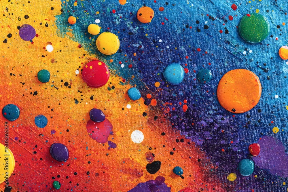 Poster colorful abstract art depicting a cosmic theme with vibrant planets and stars on a canvas