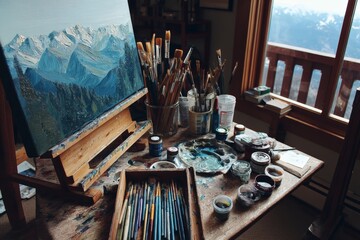 Artist's workspace with paint supplies and mountain landscape canvas during daylight