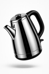 Sleek stainless steel electric kettle with a black handle and glossy finish on transparent background.