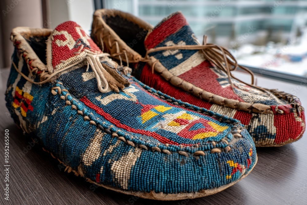 Poster traditional native american moccasins on display near a window in a modern setting