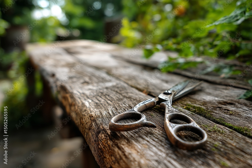 Poster Scissors resting on a rustic wooden table surrounded by greenery in a tranquil garden setting during the afternoon