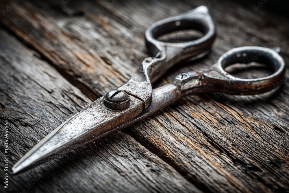 Poster vintage metal scissors resting on a rustic wooden surface with detailed craftsmanship on display