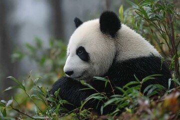 Obraz premium Panda resting peacefully among green foliage in a tranquil forest setting during a misty morning