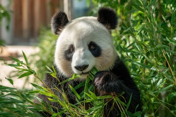 Obraz premium Panda munching on bamboo in a lush green habitat during daylight hours