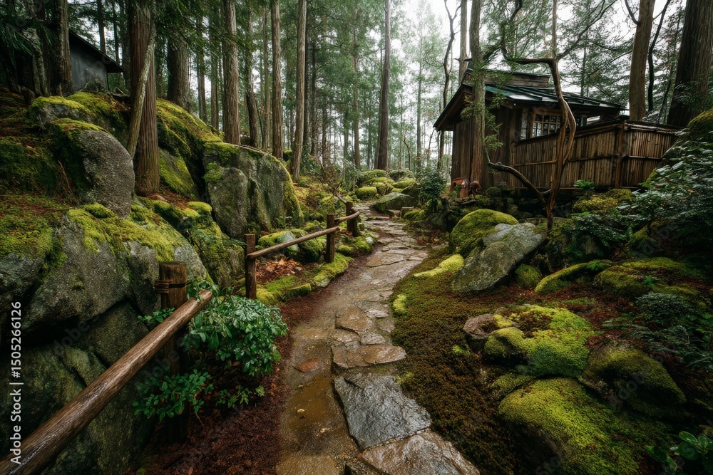Poster winding stone path through moss-covered rocks in a serene forest setting near a rustic wooden cabin