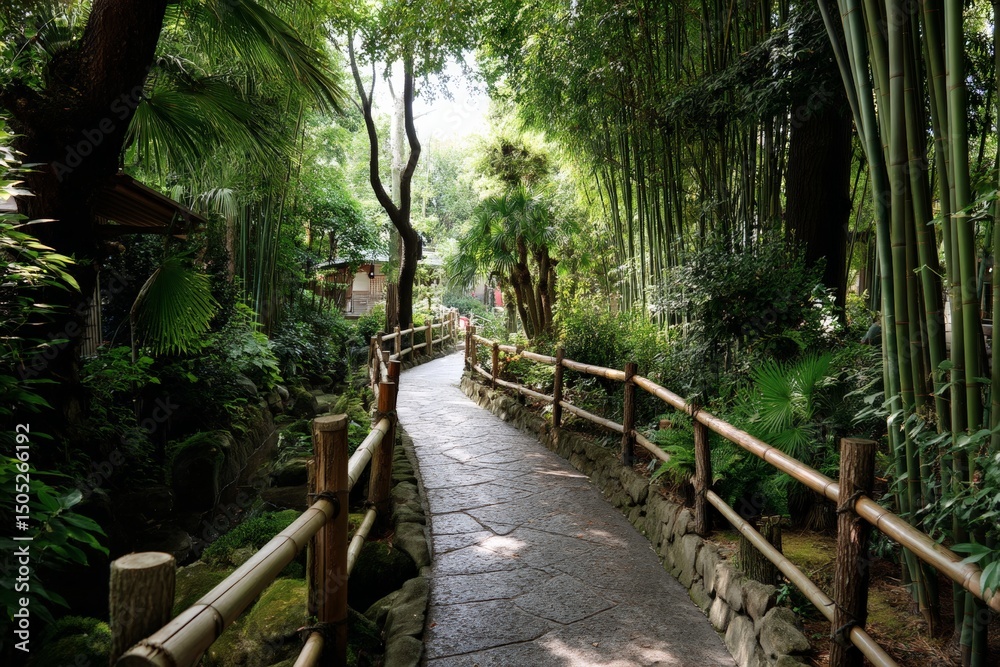 Poster serene pathway through lush greenery in a tranquil garden setting on a sunny day
