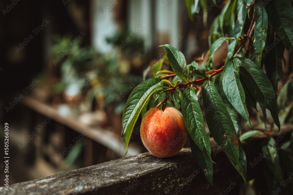 Poster fresh peach hanging from a leafy branch in a rustic garden setting during late afternoon sunlight