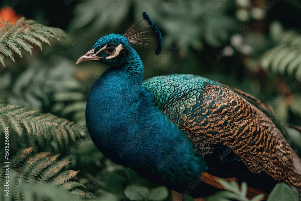 Poster colorful peacock displaying vibrant feathers in a lush garden setting during late afternoon