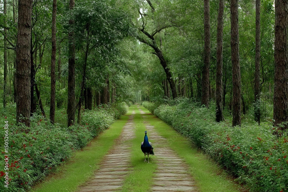 Poster peacock walking along a serene forest path surrounded by greenery and trees