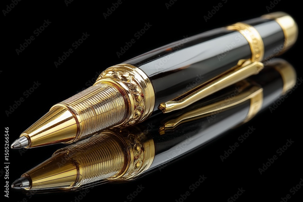 Poster elegant black and gold pen resting on a reflective surface, showcasing intricate design and craftsma