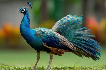 Obraz premium Peacock displays vibrant feathers in lush garden setting during sunny afternoon
