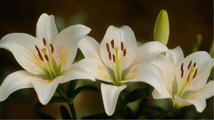 Obraz premium Close-up of blossoming Easter Lilies showing white petals, brown stamens, and spotted details in full bloom