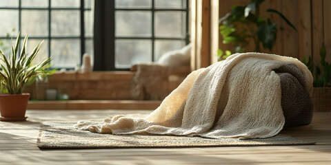 Warm Cozy Blanket Draped Over Meditation Mat Relaxation Space