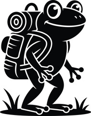 Cartoon Frog Silhouette Vector – Hiking Frog with Backpack in Black Vector, Transparent Background.