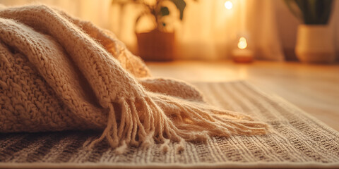 Warm Cozy Blanket Draped Over Meditation Mat Relaxation Space