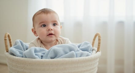 Baby sitting in a woven basket with a blue blanket indoors  