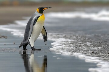 Fototapeta premium King penguin walking along the shore at dusk, reflecting on the wet sand in a natural coastal habitat