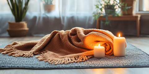Warm Cozy Blanket Draped Over Meditation Mat Relaxation Space