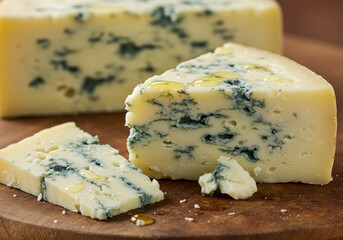 Delicious slices of blue cheese with its distinctive blue veins resting on a wooden board.