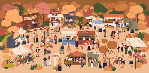 Autumn farmers market. Outdoor fall fair, festival with local farm produce, seasonal food trucks, stalls, tents among trees. Tiny people at shopping in nature landscape. Flat vector illustration