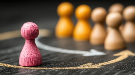 Pink pawn standing out among orange pawns representing leadership goals and strategic objectives in a collaborative setting