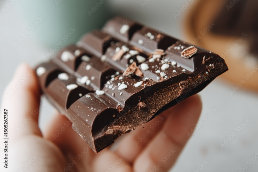 Poster dark chocolate bar held in hand with a bite taken out, showcasing texture and richness in a cozy set