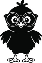 Cartoon Chick Silhouette Vector &ndash; Cute Baby Bird with Glasses in Black Vector, Transparent Background.