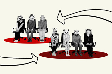 Zine trendy artwork collage of anonym business people wear quadrober mask animal sit chair...