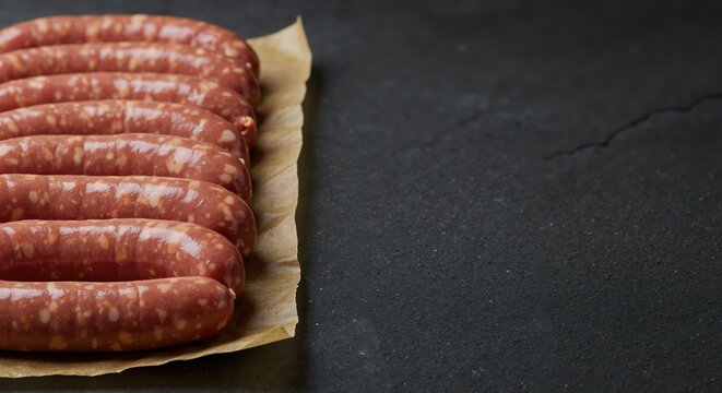 Fresh sausages arranged neatly on parchment paper on a dark surface  