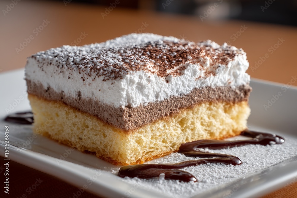 Poster delicious layered dessert with cream and chocolate served on a white plate in an inviting setting