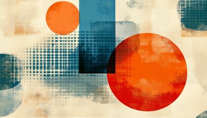 Abstract Geometric Art Orange Blue and Beige Circles Squares and Dotted Patterns