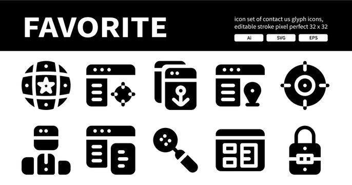 Icon Set of Favorite Glyph Icons. Contains such Icons as Favorite, Target, Anchor Text, Navigation etc. Editable Stroke. 32 x 32 Pixel Perfect
