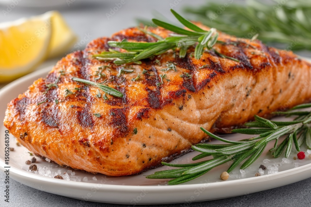 Poster grilled salmon topped with fresh herbs on a plate with lemon wedges in a casual dining setting